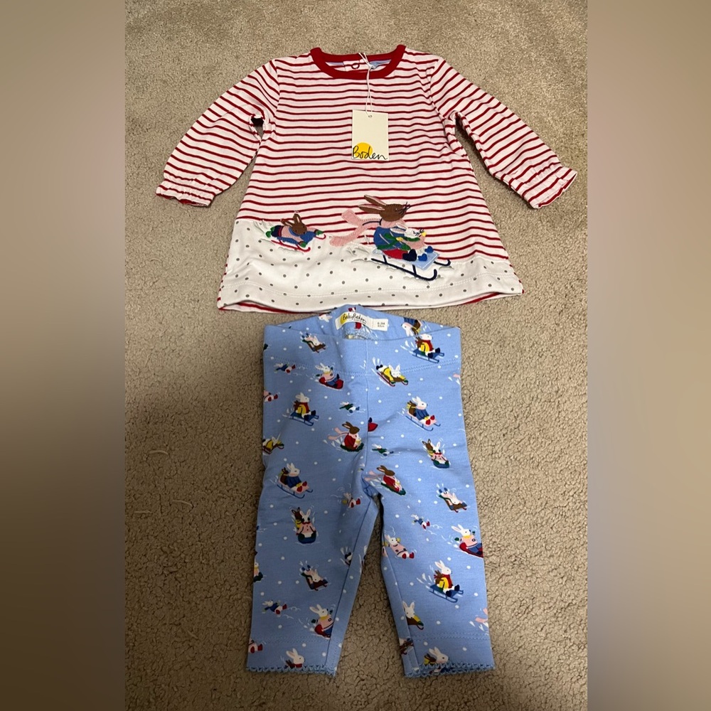 NWT Baby Boden girl set Sky Blue Snow Bunnies - Picture 3 of 8